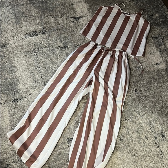 SHEIN Pants - SHEIN Brown and White Striped Jumpsuit with Wide-Leg Design